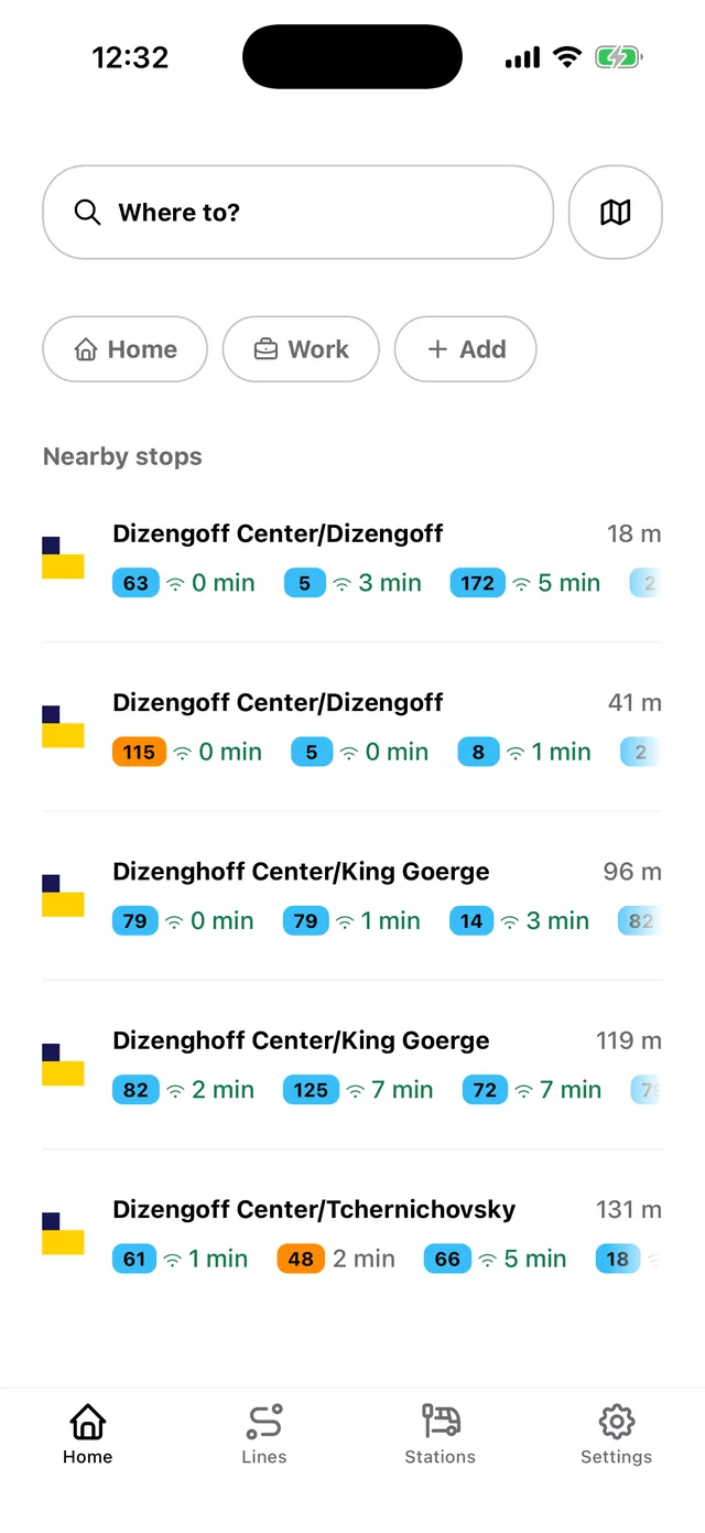 Home screen with destination search, shortcuts to saved places and nearby stops with departure times