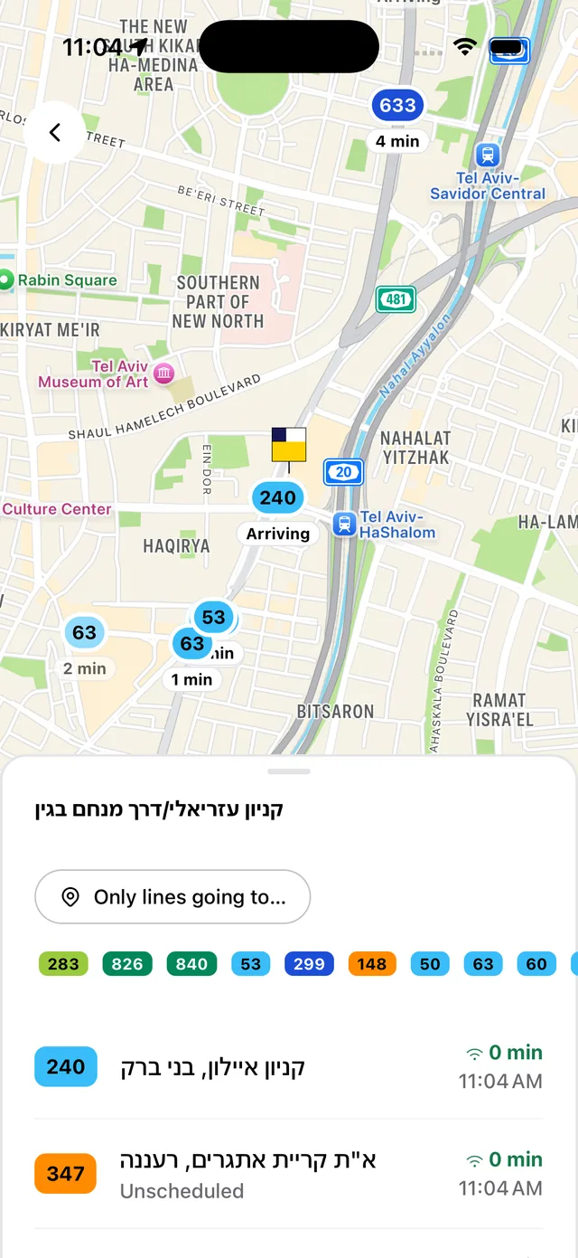 Live stop map showing approaching buses, their line numbers and estimated arrival times