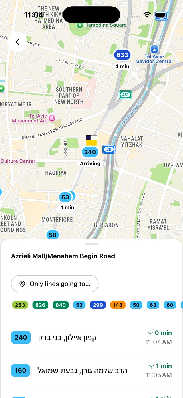 Stop departure board with arrival times, line filters and a destination filter
